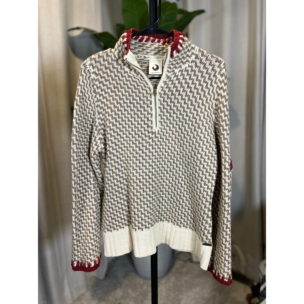Tsunami Womens Tan White Geometric Quarter Zip Sweater Whipstitch Trim Small